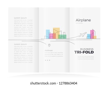 Airplane takeoff city building lines style tri-fold brochure design template