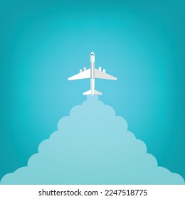 Airplane takeoff with clouds and background for text. Abstract air path of flight airplane. Vector illustration