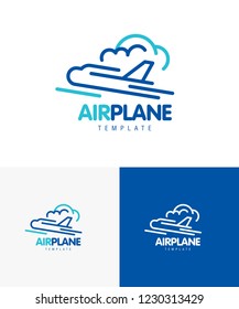 Airplane takeoff clouds fly logo lines theme