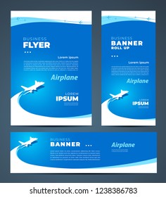 Airplane takeoff fly curves theme Set flyer cover, banner, roll up banner