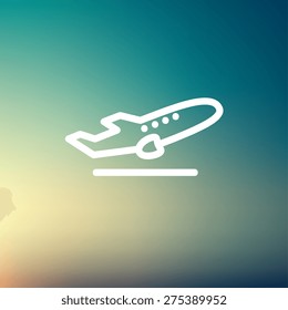 Airplane takeoff icon thin line for web and mobile, modern minimalistic flat design. Vector white icon on gradient mesh background.