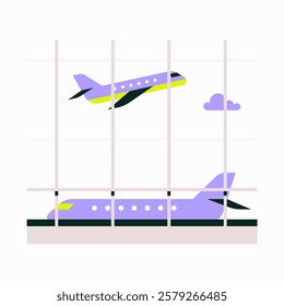 Airplane Takeoff and Landing in Flat Vector Illustration Symbolizing Air Travel, Transportation, and Airport Scene, Isolated on White Background