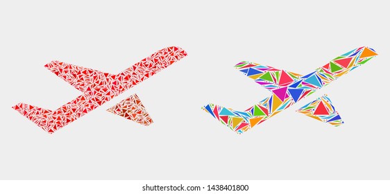 Airplane takeoff mosaic icon of triangle elements which have different sizes and shapes and colors. Geometric abstract vector illustration of airplane takeoff.