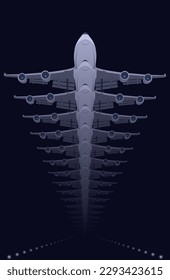 Airplane takeoff at night. Vector illustration of a time-lapse image of an airplane taking off at night. Sketch for creativity.