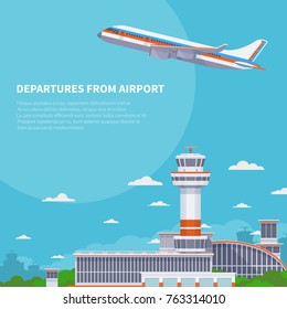 Airplane takeoff on runway in international airport. Tourism and air travel vector concept. Airplane departure from international terminal illustration