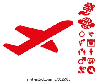 Airplane Takeoff pictograph with bonus valentine pictograms. Vector illustration style is flat iconic red symbols on white background.