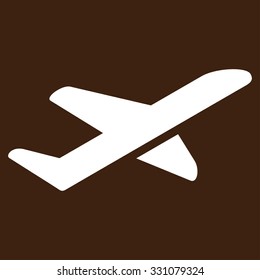 Airplane Takeoff vector icon. Style is flat white symbol, rounded angles, brown background.