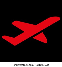 Airplane Takeoff vector icon. Style is flat red symbol, rounded angles, black background.