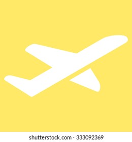 Airplane Takeoff vector icon. Style is flat white symbol, rounded angles, yellow background.
