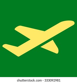 Airplane Takeoff vector icon. Style is flat yellow symbol, rounded angles, green background.