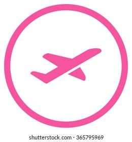 Airplane Takeoff vector icon. Style is flat circled symbol, pink color, rounded angles, white background.