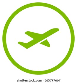 Airplane Takeoff vector icon. Style is flat circled symbol, eco green color, rounded angles, white background.