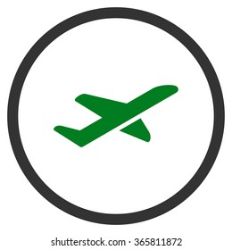 Airplane Takeoff vector icon. Style is bicolor flat circled symbol, green and gray colors, rounded angles, white background.