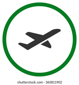 Airplane Takeoff vector icon. Style is bicolor flat circled symbol, green and gray colors, rounded angles, white background.