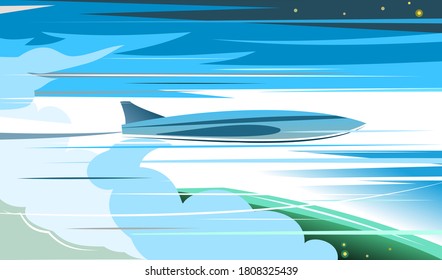 airplane takes off above the clouds. Vector illustration background. The plane rises into the stratosphere. Space is visible. The shuttle goes into low-earth orbit.