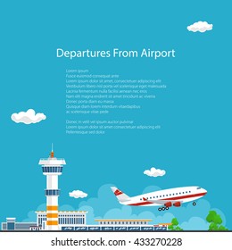 Airplane Takes Off from the Airport , Airport Background, Control Tower and Airplane , Travel and Tourism Concept , Air Travel and Transportation,  Vector Illustration