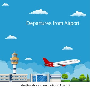 Airplane Takes Off from the Airport ,Control Tower and Airplane , Travel and Tourism Concept. Vector illustration in flat style