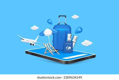 Airplane is taking float. Air ticket passport luggage and deck chair, umbrella on smartphone. Booking ticket online or find attractions on mobile application. Travel transport concept. 3D Vector.