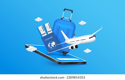 Airplane is taking float. Air ticket passport luggage on smartphone. Booking ticket online or find attractions on mobile application. Travel transport concept. 3D Vector.