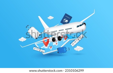 Airplane is taking float in the air with Air ticket passport luggage map and red location pin on a blue background. For advertising media about tourism. Travel transport concept. 3D Vector.