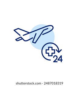 Airplane taking off and 24 hour medical cross symbol. Emergency travel assistance. Comprehensive health care. Pixel perfect, editable stroke icon