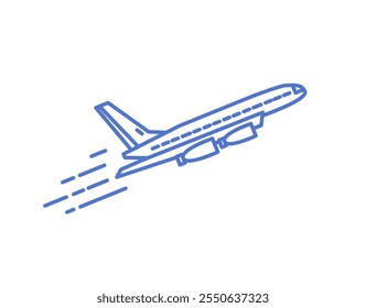 Startendes Flugzeug. Flugzeug, Flugzeug Line-Art-Ikone. Passagierflugzeug, Flugzeug, via Transport fliegen, Reisen. Konturierte, flache Vektorgrafik einzeln auf weißem Hintergrund