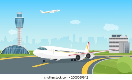 Airplane taking off from airport runway, passenger aircraft takeoff illustration. Cartoon landscape airport view with aeroplane on airfield, control traffic tower, city building silhouettes background