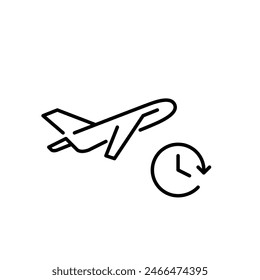 Airplane taking off and clock. Flight schedule, departure time table. Speedy aviation travels. Editable vector icon