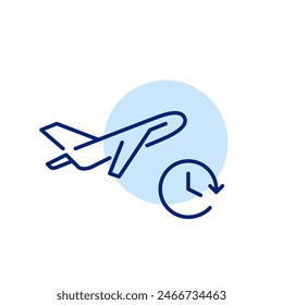 Airplane taking off and clock. Flight schedule, departure time table. Speedy aviation travels. Pixel perfect vector icon