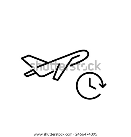 Airplane taking off and clock. Flight schedule, departure time table. Speedy aviation travels. Editable vector icon