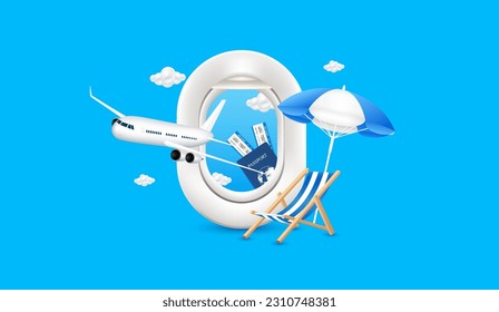Airplane is taking off with clouds. Air ticket deck chair umbrella and airplane window on passports. For media tourism advertising design. Holiday travel and Transport concept. 3D Vector EPS10