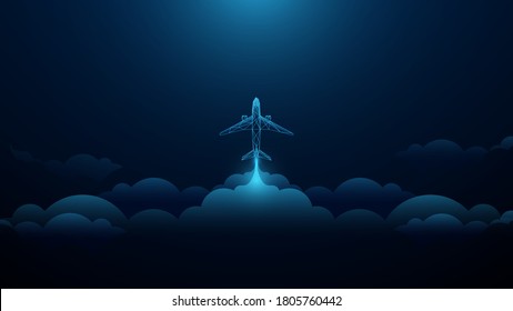 Airplane taking off in the cloudy sky. Startup Business concept. Vector illustration