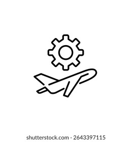 Airplane taking off and cogwheel. Maintenance, flight operations setup, aircraft system tuning, aviation technology settings, mechanical flight control. Pixel perfect, editable stroke vector icon
