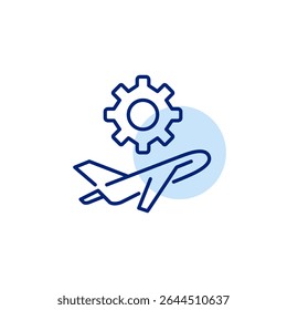 Airplane taking off and cogwheel. Maintenance, flight operations setup, aircraft system tuning, aviation technology settings, mechanical flight control. Pixel perfect, editable stroke vector icon