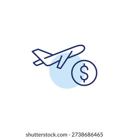 Airplane taking off and dollar sign. Flight costs, ticket buying. Pixel perfect, editable stroke vector icon