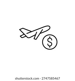 Airplane taking off and dollar sign. Flight costs, ticket buying. Pixel perfect, editable stroke vector icon