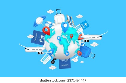 Airplane is taking off globe world map. Luggage bag, air ticket, passport and deck chair umbrella floating around with location pin. For media tourism ads design. Holiday travel concept. 3D Vector.