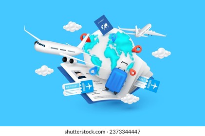 Airplane is taking off globe world map inside passport. Luggage blue, air ticket and cloud floating around with location pin. For media tourism ads design. Holiday travel concept. 3D Vector.