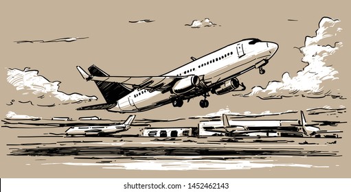 Airplane Taking Off. Hand drawn illustration