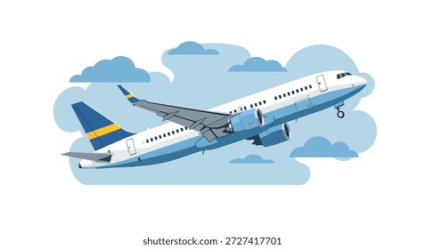Um avião decola no céu com nuvens.