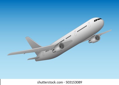 Airplane taking off isolated on blue sky. Realistic high detailed flying   commercial airplane. Airline Concept aircraft Travel Passenger plane. Vector illustration