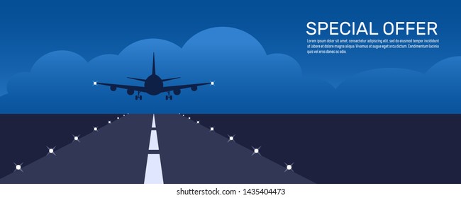 Airplane taking off or landing vector. Night or evening sky and aircraft runway. Airport company special offer text template. Banner, flyer, poster design illustration.