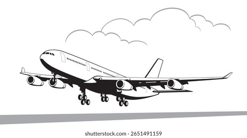 Avião Decolando ou aterrissando, ilustração de silhueta vetorial isolada sobre fundo branco, eps