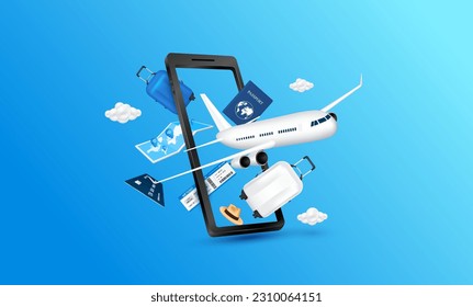 Airplane is taking off leave smartphone with Air ticket passport luggage map and credit card float away from. For advertising media about tourism. Travel transport concept. 3D Vector.