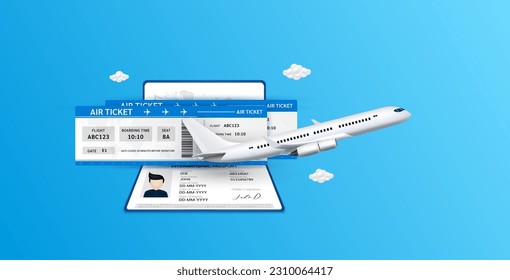 Airplane is taking off from passport. Air ticket and cloud. For media tourism advertising banner design. Holiday travel and Transport concept. 3D Vector EPS10.