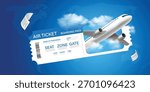 Airplane is taking off from passport with location pin. Luggage blue, air ticket and cloud float away. For media tourism advertising banner design. Holiday travel and Transport concept. 3D Vector.