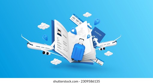 Airplane is taking off from passport with location pin. Luggage blue, air ticket and cloud float away. For media tourism advertising banner design. Holiday travel and Transport concept. 3D Vector.