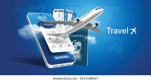 Airplane is taking off from passport with location pin. Luggage blue, air ticket and cloud float away. For media tourism advertising banner design. Holiday travel and Transport concept. 3D Vector.