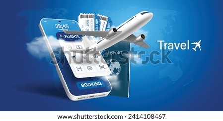 Airplane is taking off from passport with location pin. Luggage blue, air ticket and cloud float away. For media tourism advertising banner design. Holiday travel and Transport concept. 3D Vector.