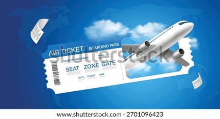 Airplane is taking off from passport with location pin. Luggage blue, air ticket and cloud float away. For media tourism advertising banner design. Holiday travel and Transport concept. 3D Vector.